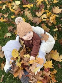 High angle view of woman with autumn leaves