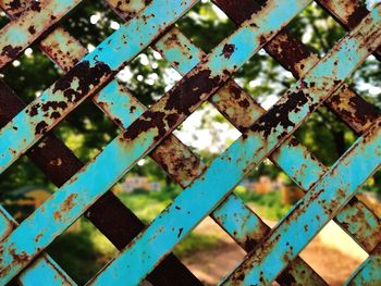 Trees seen through rusty metal fence