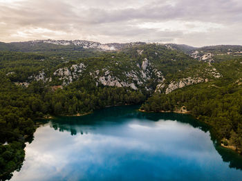 Scenic view of lake by trees against sky