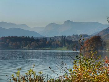 Scenic view of lake and mountains against clear sky