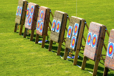 Multi colored chairs on field