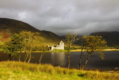 Scenic view of lake against cloudy sky