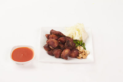 High angle view of food served on table