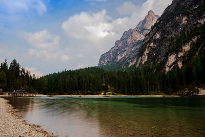 Scenic view of lake by trees against sky