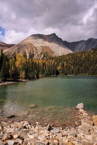 Scenic view of lake by mountains against sky