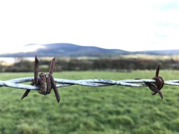 Close-up of barbed wire fence on field against sky