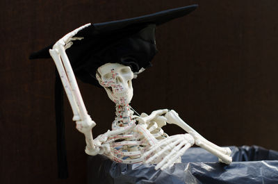 Close-up of human skull against black background