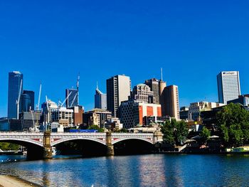 Bridge over river by buildings against clear blue sky