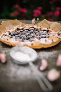 High angle view of dessert on table