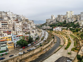 High angle view of buildings in city