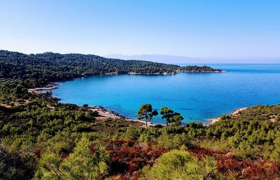 Scenic view of bay against clear sky