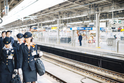 High angle view of train at railroad station platform