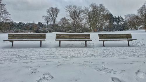 Empty bench on snow covered field during winter