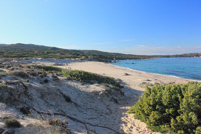 Scenic view of sea against clear blue sky