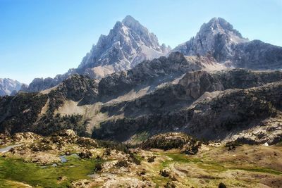 Scenic view of rocky mountains against clear sky