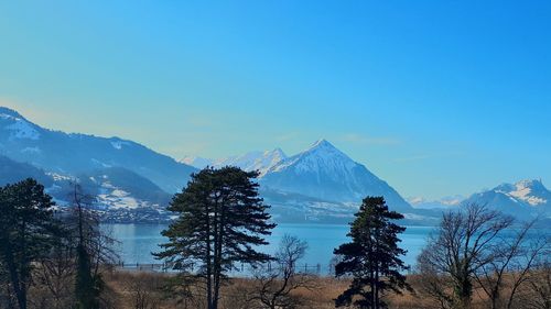 Scenic view of snowcapped mountains against blue sky