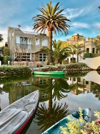 Reflection of trees and swimming pool in lake against buildings