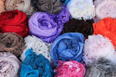 Close-up of colorful textiles for sale in market