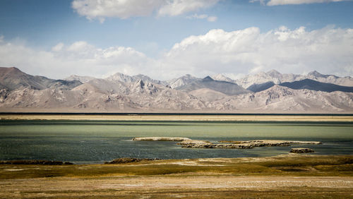 Scenic view of lake and mountains against sky