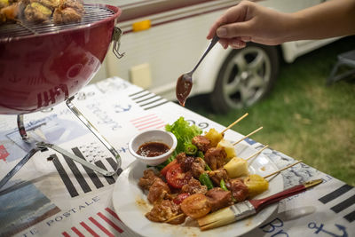 High angle view of food served on table