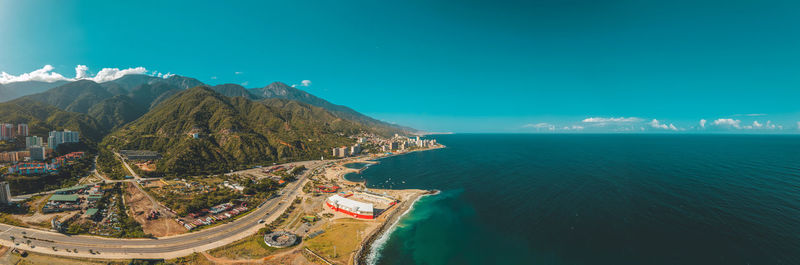 Aerial view of the coastline highway in los corales, caraballeda, venezuela. drone view of la guaira
