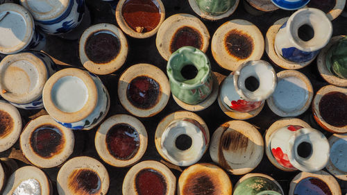 Full frame shot of vases for sale at market