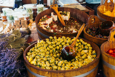 High angle view of food for sale at market stall