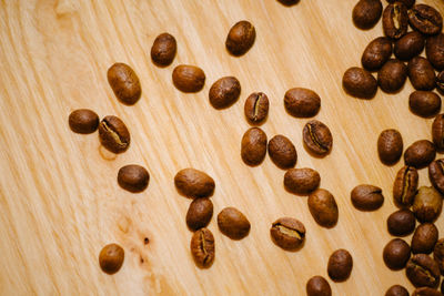 High angle view of coffee beans on table