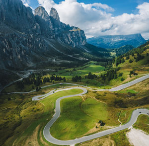 High angle view of road amidst landscape against sky