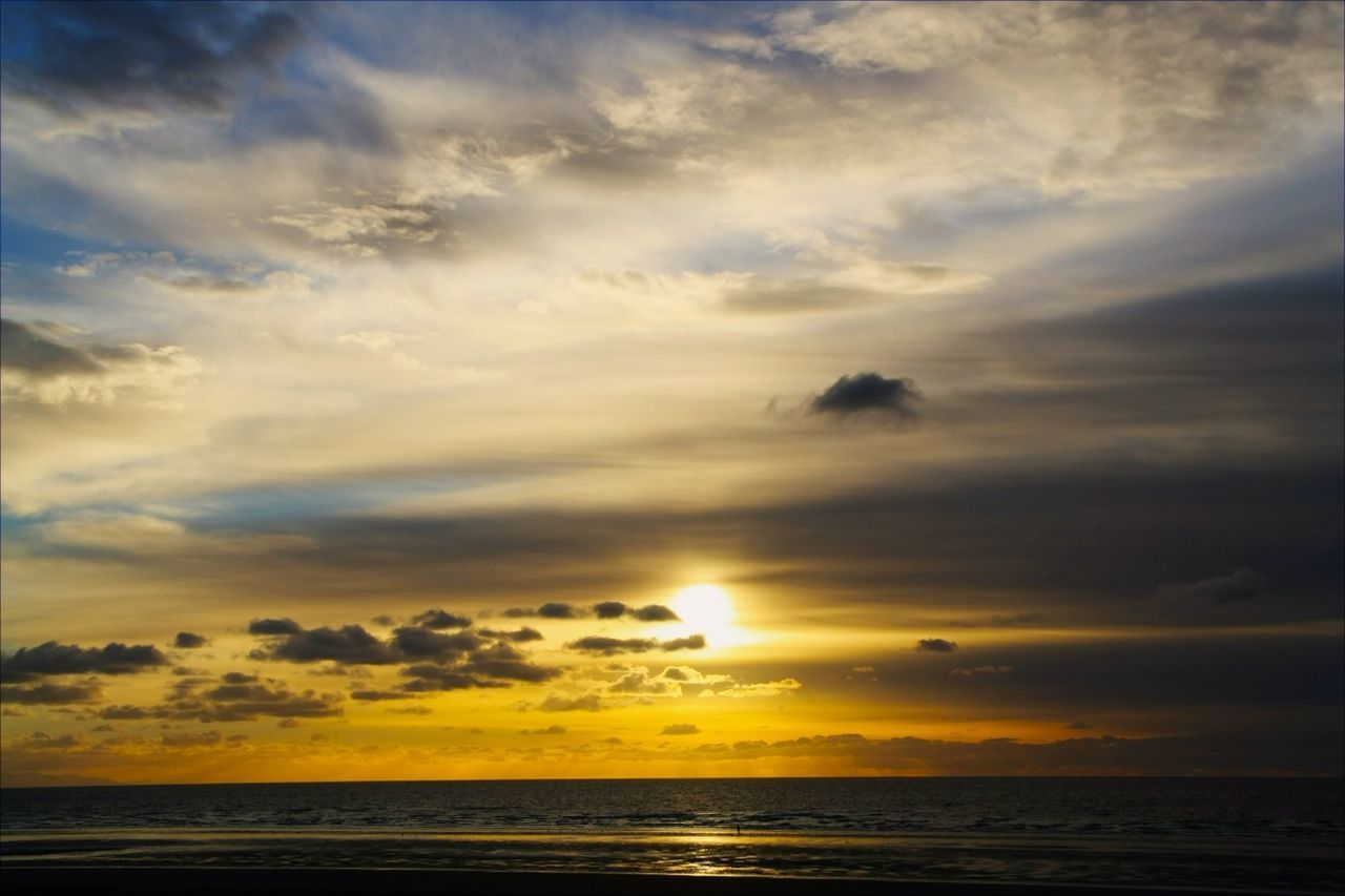 sunset, sea, horizon over water, scenics, tranquil scene, beauty in nature, sky, water, tranquility, idyllic, beach, cloud - sky, sun, nature, orange color, cloud, shore, reflection, cloudy, waterfront