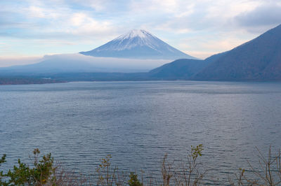 Scenic view of lake against cloudy sky