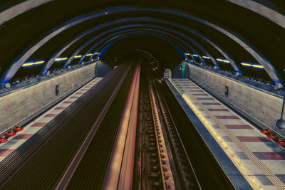 High angle view of illuminated subway station