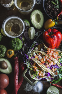 High angle view of chopped fruits in bowl on table