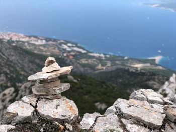 Stack of rocks against sky