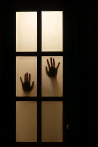 Silhouette hand touching glass window