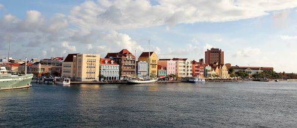 Buildings by river against sky in city