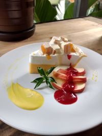 Close-up of dessert served on table