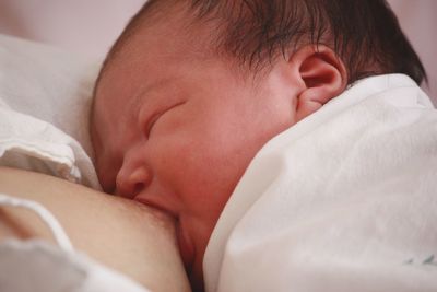 Cropped image of mother breast feeding to baby daughter