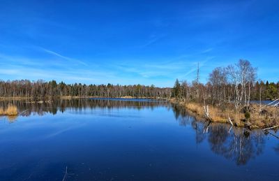 Scenic view of lake against blue sky