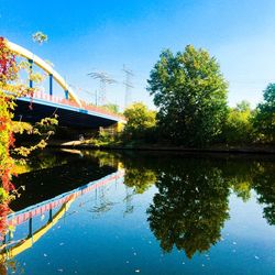 Reflection of bridge on water against clear blue sky