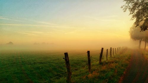 Wooden fence on field against sky during sunset