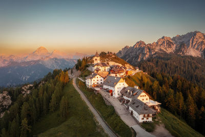 High angle view of townscape against sky during sunset
