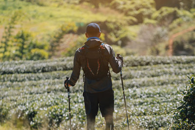 Rear view of man standing on field