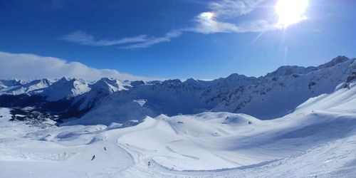 Scenic view of snowcapped mountains against sky