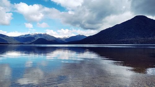 Scenic view of lake by mountains against sky