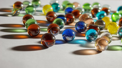 Close-up of multi colored candies on table