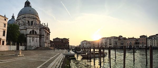 Panoramic view of city at sunset