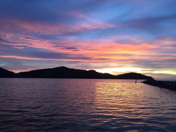 Scenic view of mountains against sky at sunset