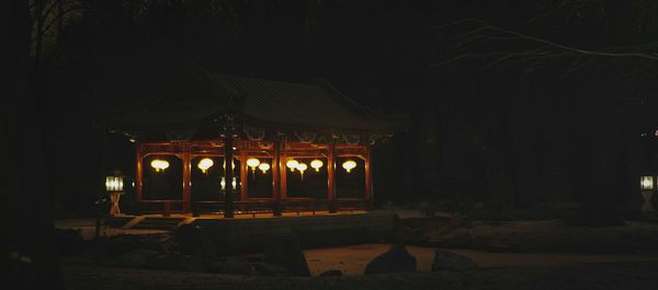 Illuminated building against sky at night