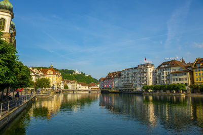 Reuss river and city of lucerne in a sunny day in switzerland.